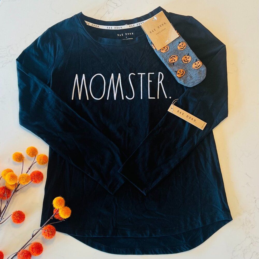 🧦&👚Rae Dunn Momster Halloween Shirt + Pumpkin Socks NWT Size Small